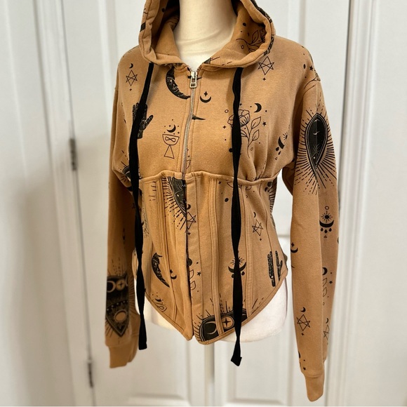 Missguided Tops - Bewitching Graphic Black & Tan Zip front Corset style  Hoodie women’s Small / 2